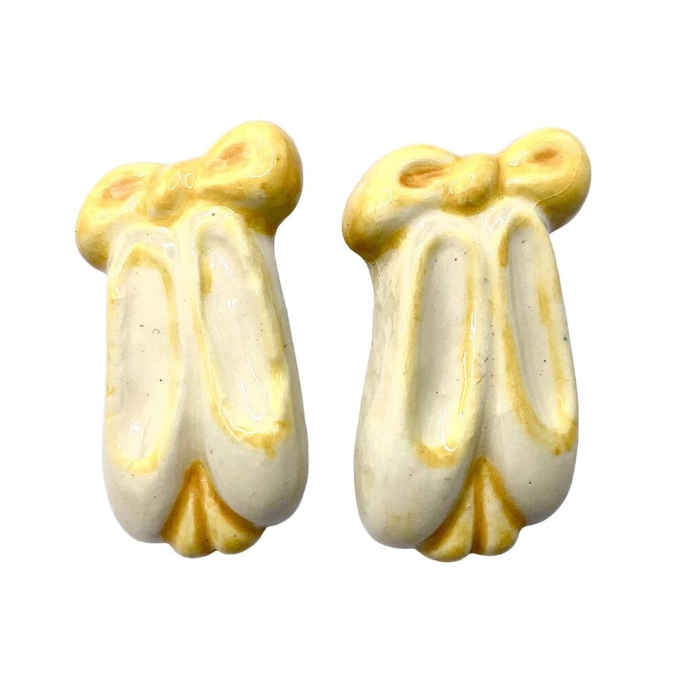 Vintage Ballet Dance Slippers Shoes Stud Earrings Bespoke Yellow Ribbon Ceramic